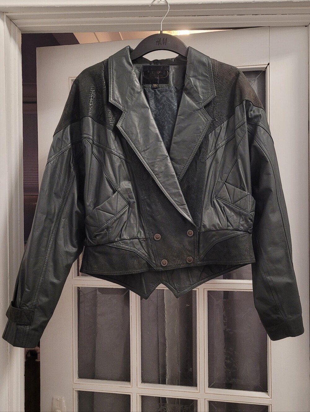 Dark Green Leather Bomber Jacket